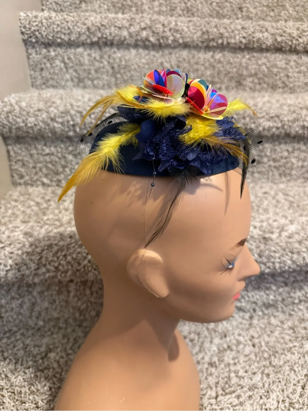 Navy Blue Feathered Fascinator Headpiece with Multicolor sequins